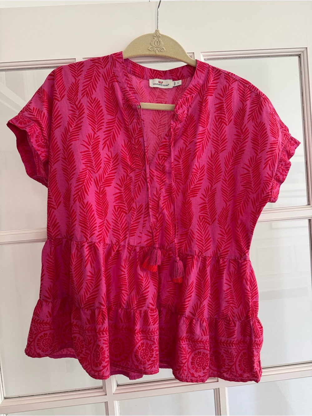 Women's Hot Pink Short Sleeve Tassel Peasant Top